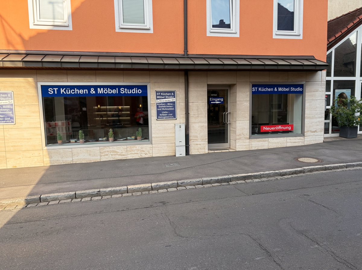 Eingang und Schaufenster des Küchenstudios am Denkmalplatz