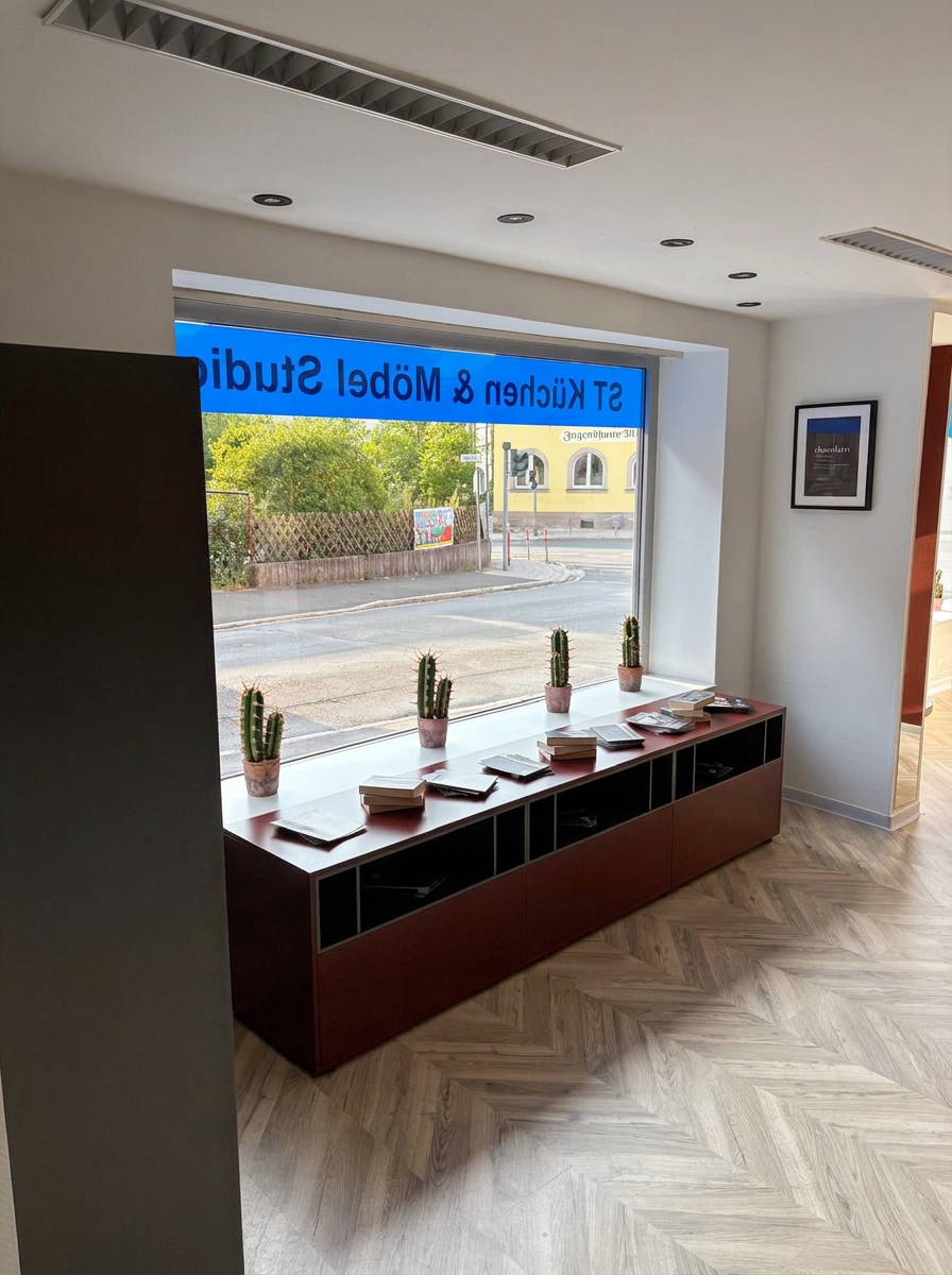 Möbelausstellung mit roten Akzenten am Schaufenster
